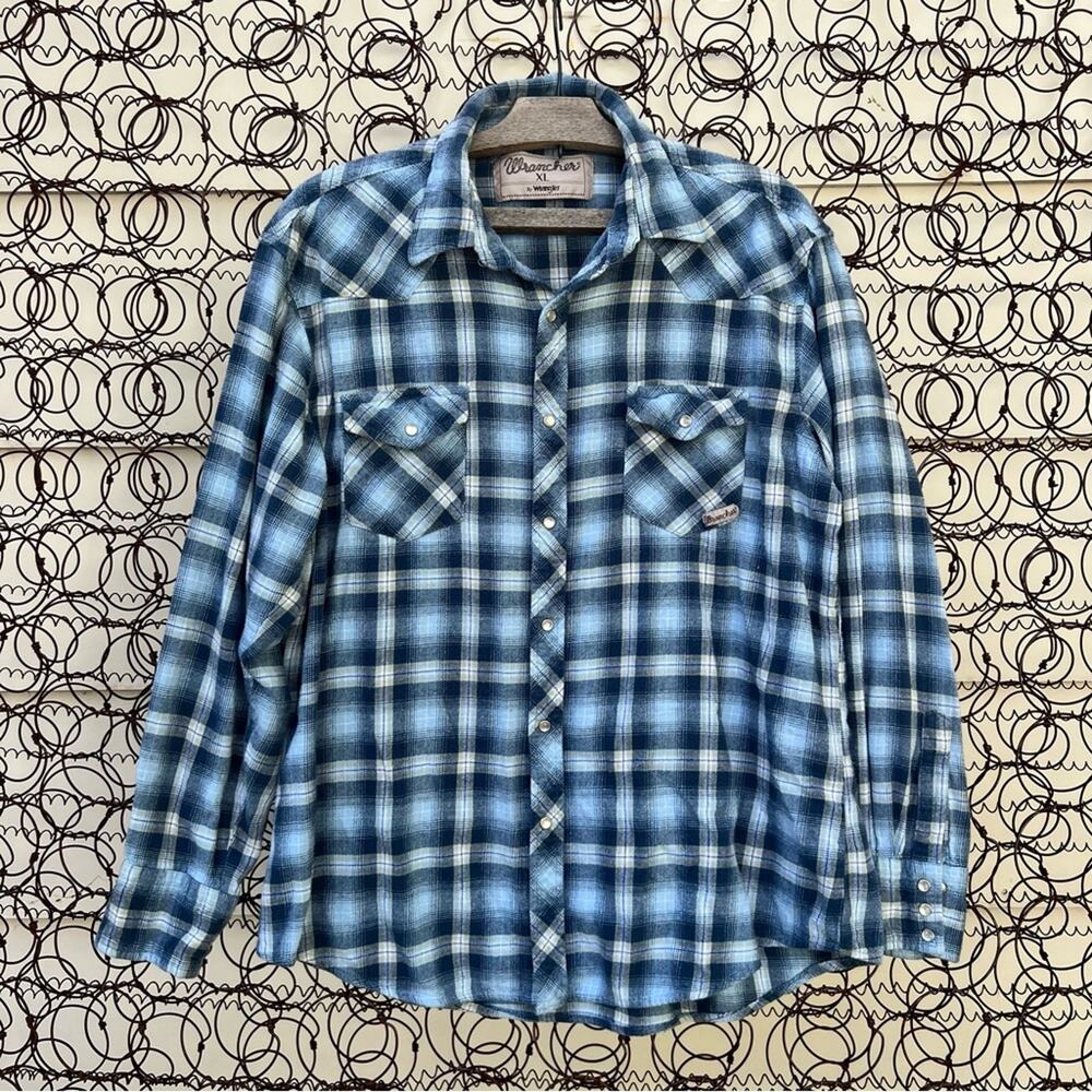 Wrangler Wrancher blue plaid flannel long sleeve pearl snap shirt XL